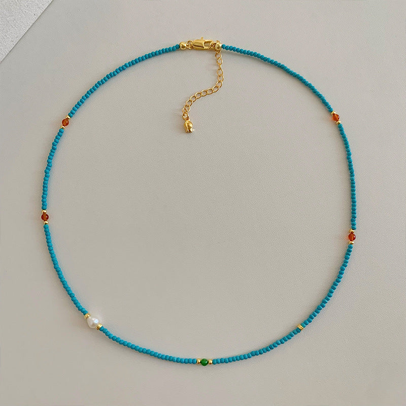 Natural Freshwater Small Pearl Turquoise Beaded Necklace