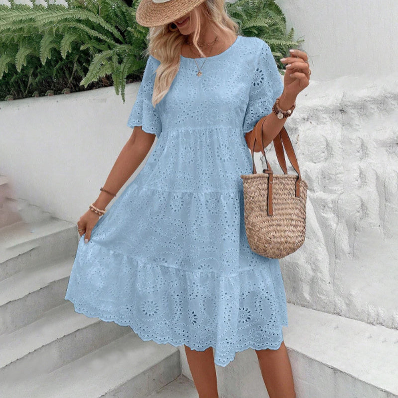 Round Neck Embroidered Lace Short Sleeve A-Line Elegant Summer Vacation Dress