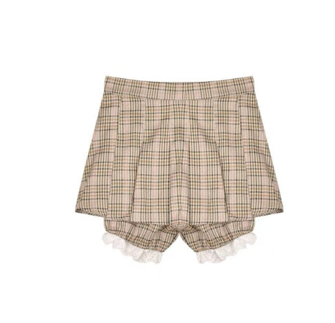High Waist Pleated Mini Skirt with Matching Bralette Top Retro Plaid Strap Tank Top Women's Top Set