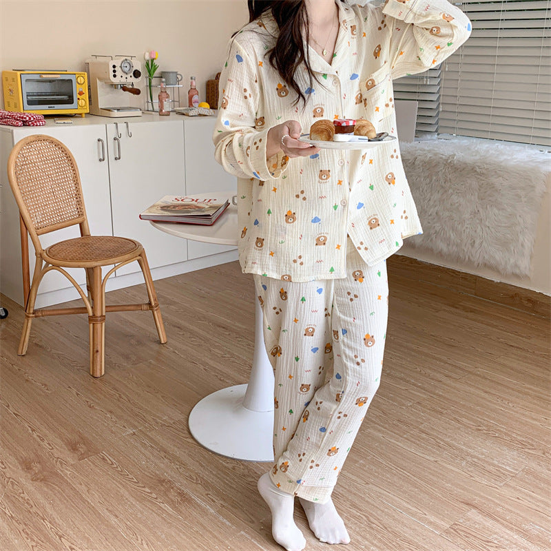 Cute & Cozy Animal/Character Print Pajama Set Pure Cotton Cartoon Long-sleeved Pajamas Set Letter Bear Homewear For Women