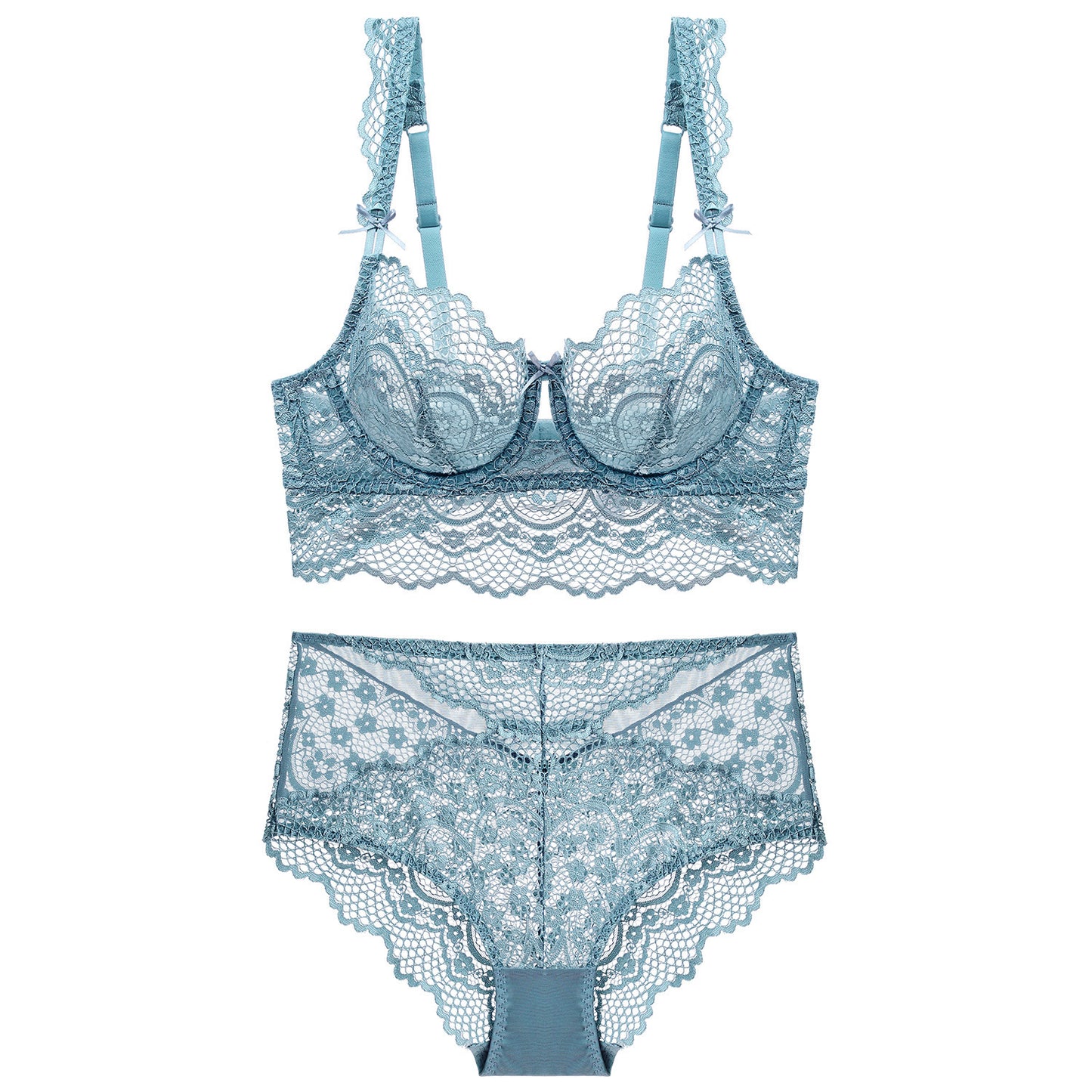 Sexy Sheer Mesh & Floral Lace Elegant Sleeveless Mesh & Lace One-Piece Lingerie Blue Ladies Bra And Panties Set