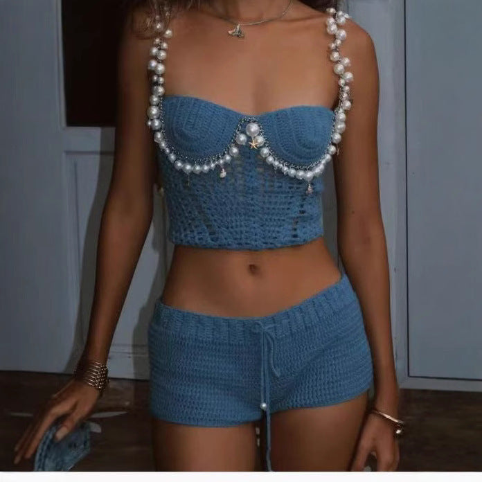 Sexy Solid Color Crop-top Spaghetti-strap Beading Top For Women's