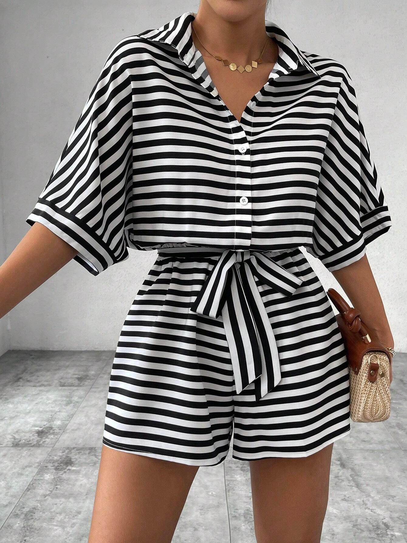Striped Lapel Cardigan Button Half Sleeve Belt Shorts Suit Jumpsuit For Women's