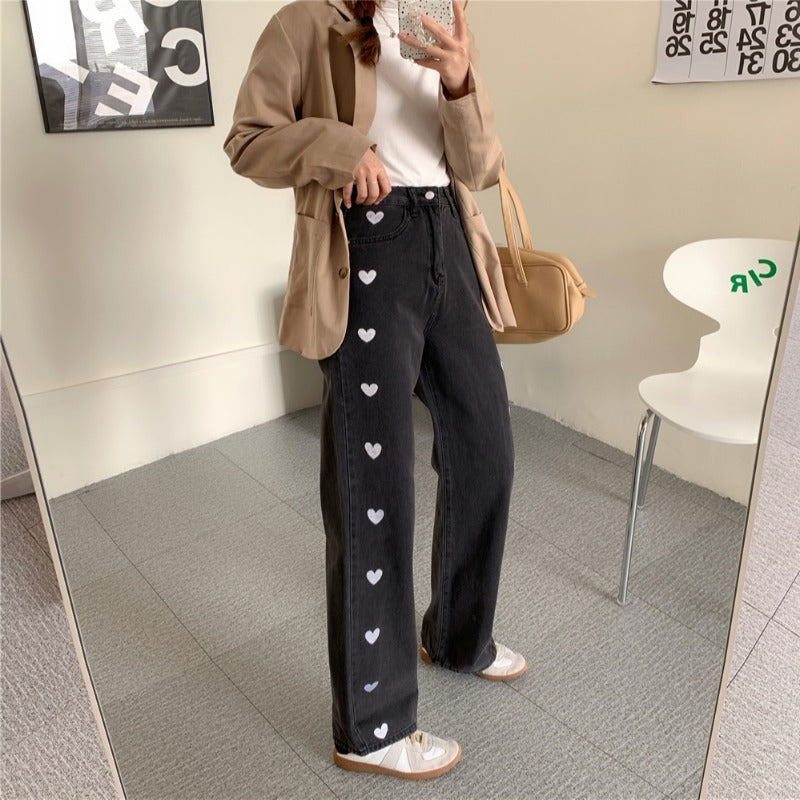 Heart Cutout Wide-Leg Jeans – Soft Girl Meets Streetwear New Design Sense Straight Loose High Waist Love Jeans For Women