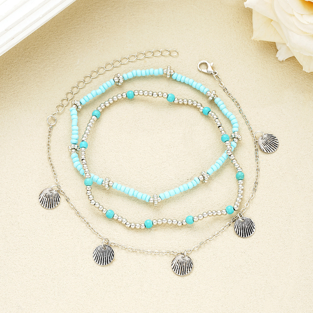Boho Layered Turquoise Bead Anklet Set with Charms Shell Bead Anklet Set Three-piece Set