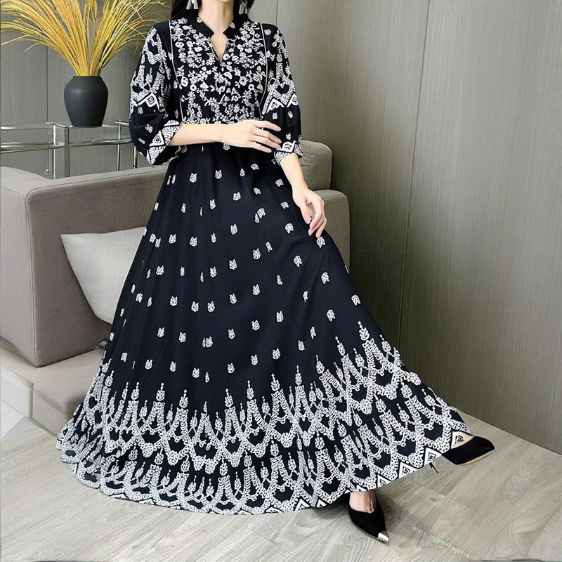 Bohemian Embroidery V-neck Dress, Elegant 3 4 Sleeve A-line Swing Maxi Dress