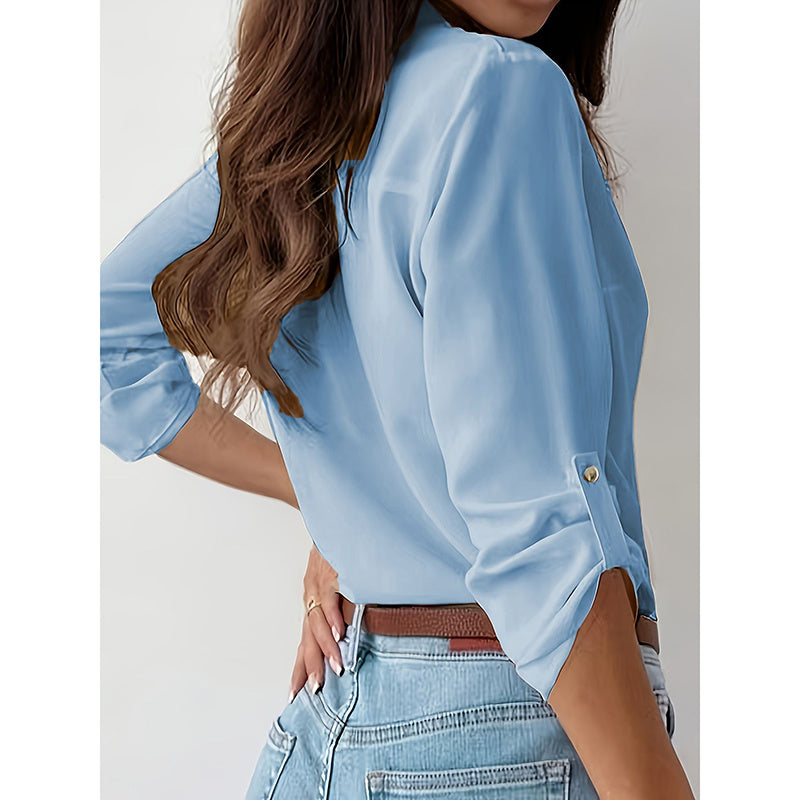 Button Down Shirts V Neck Rolled Up Long Sleeve Tops Elegant Dressy Blouses Business Casual Outfits