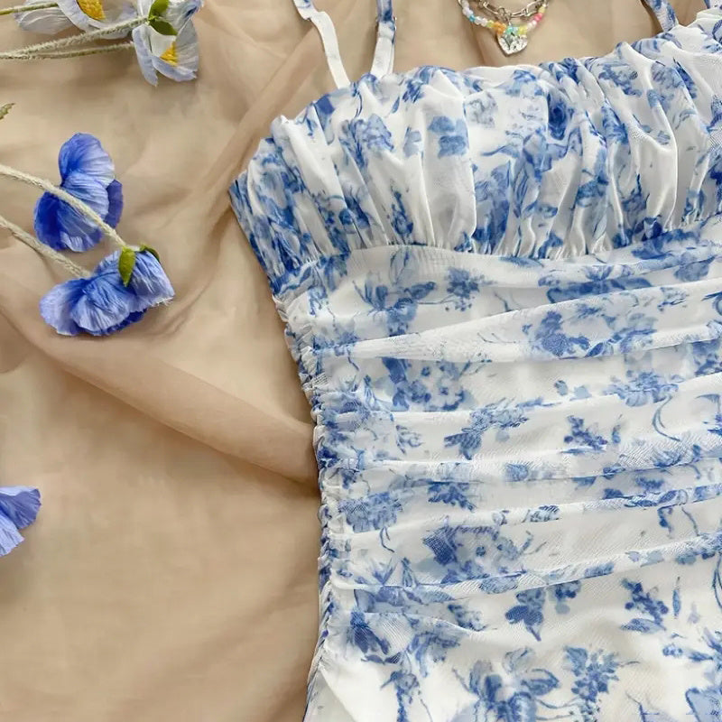 Boho Floral Print Mini Dress Spaghetti Strap Ruched Ruffle Hem Vacation Sundresses