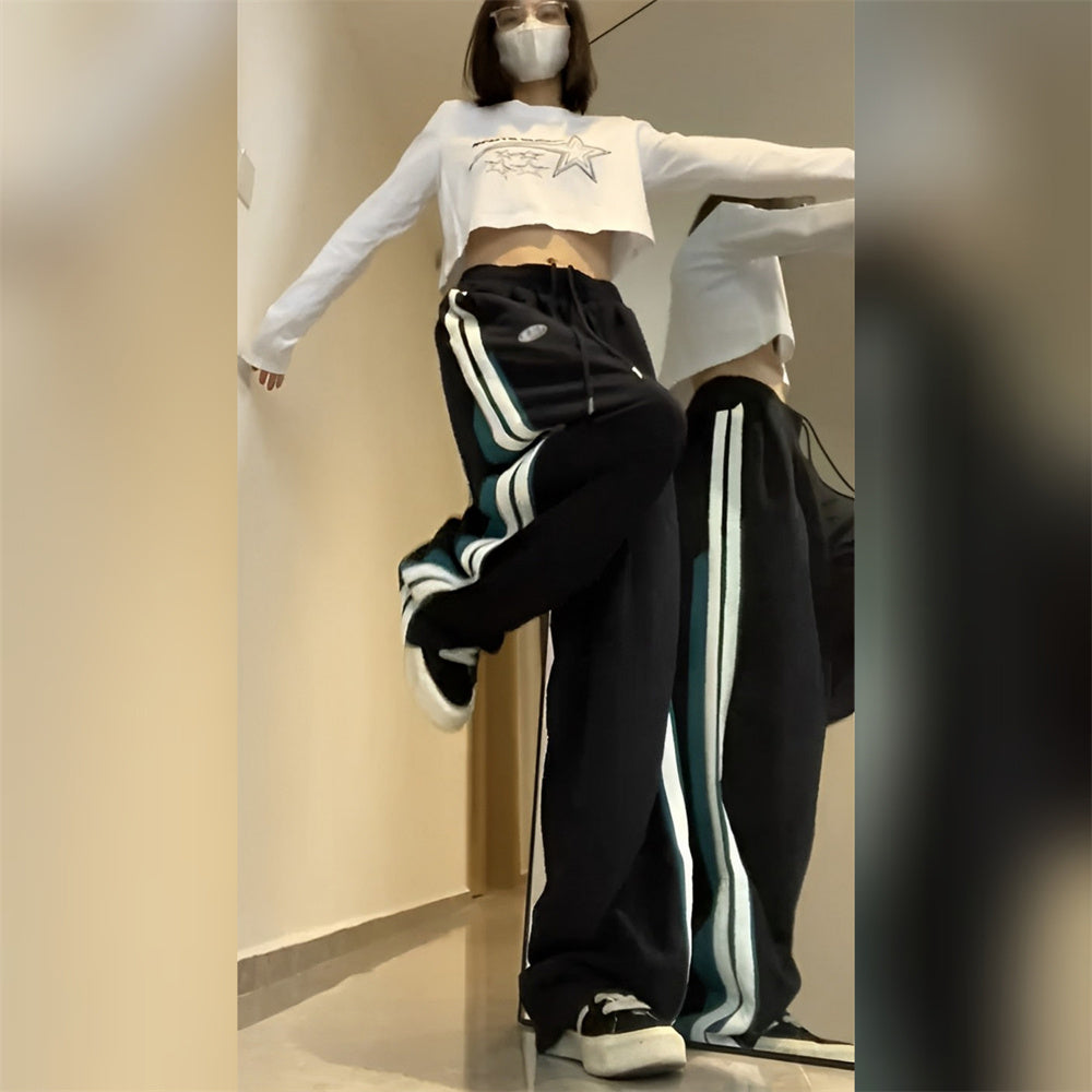 Street Flow Wide-Leg Track Pants – Retro Stride, Modern Vibe American Retro Casual Pants For Women