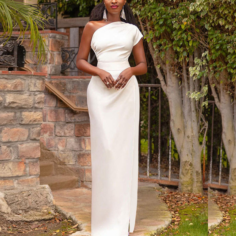 One-shoulder High Waist Front Slit Temperament Dress For Women's