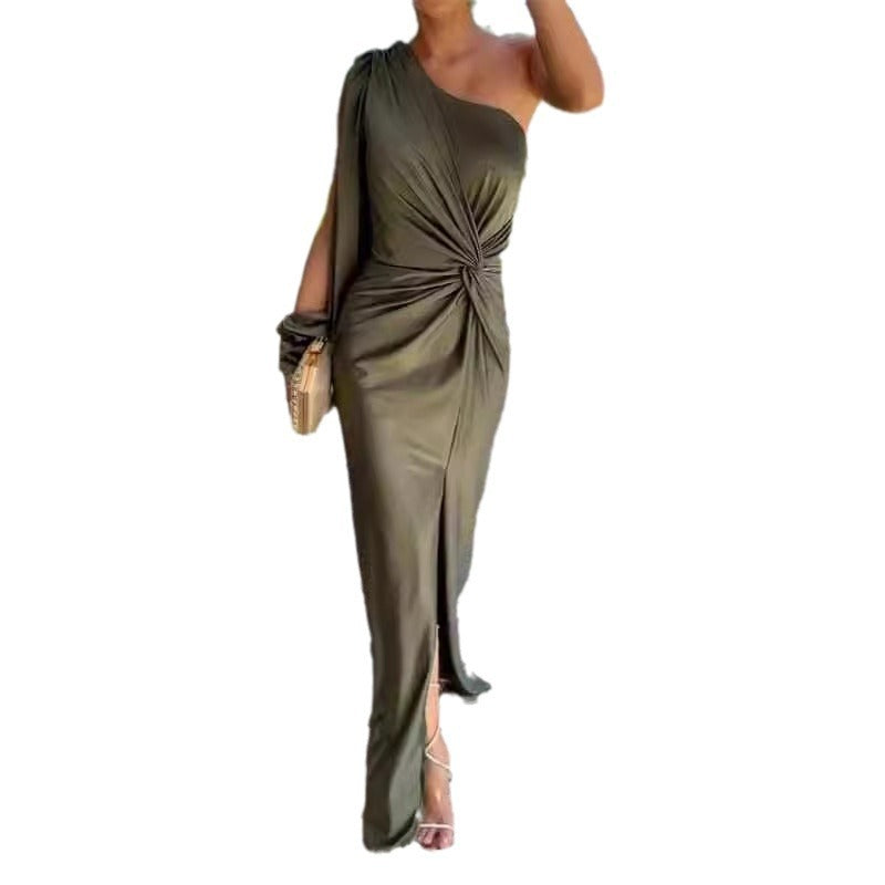 Diagonal Shoulder Knot Split Solid Color Slim Fit Dress