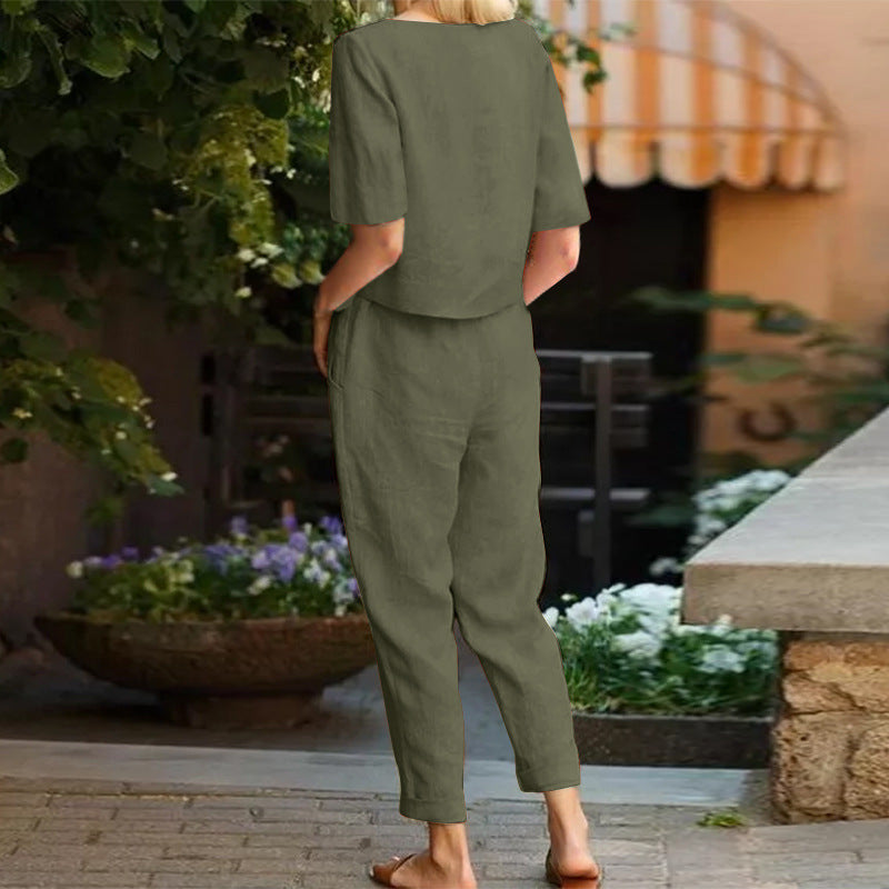 Cotton And Linen Wide-leg Pants Suit For Women's