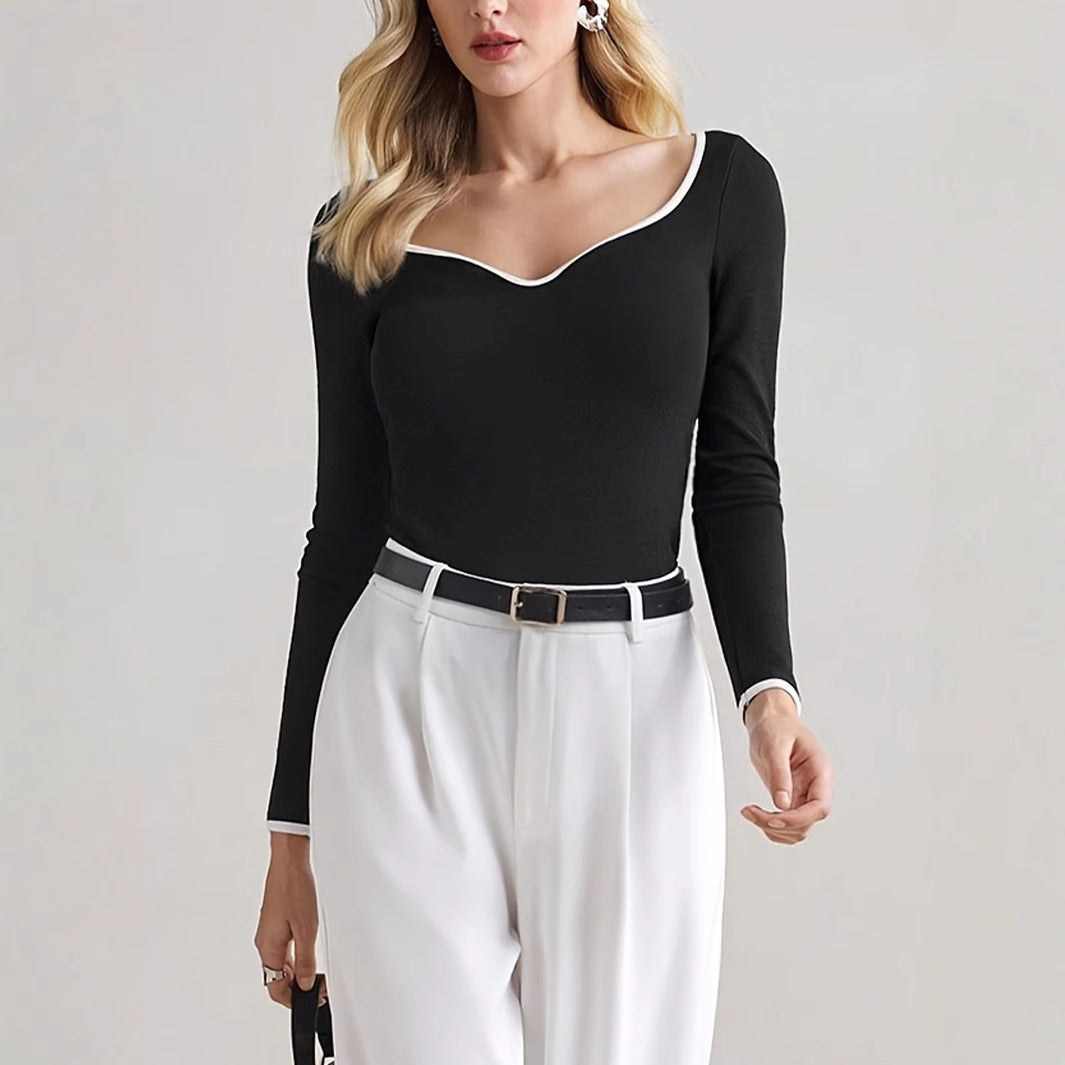 Slim-fit Elegant Color-matching Long-sleeved Casual T-shirt