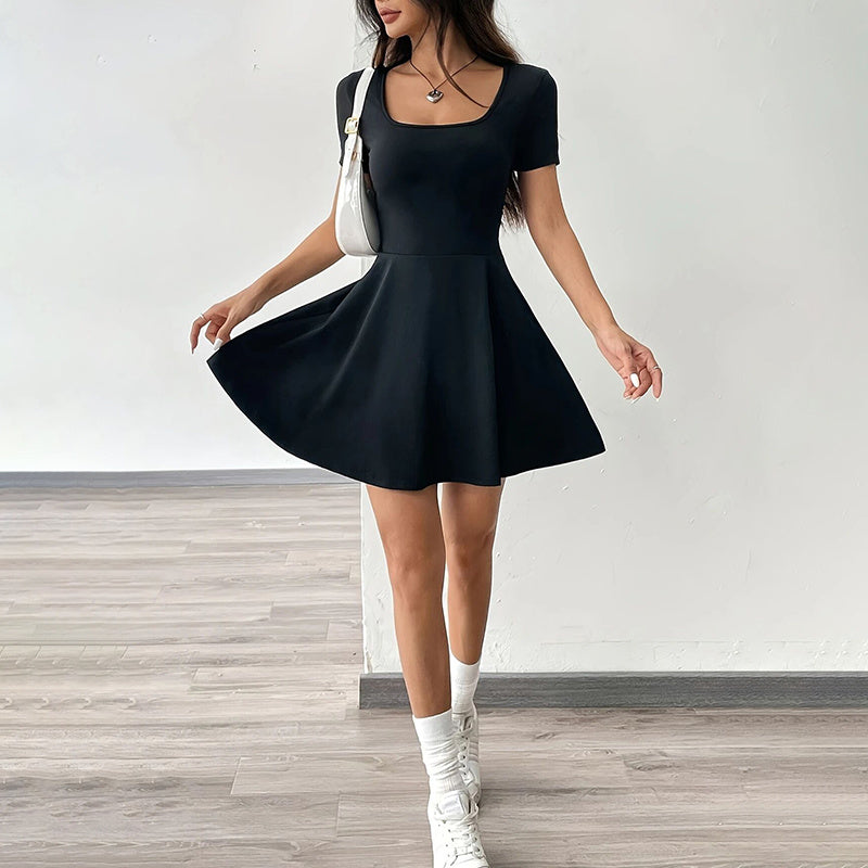 Square Neck Short Sleeve Ruffle Hem A Line Flare Mini Basic Dress
