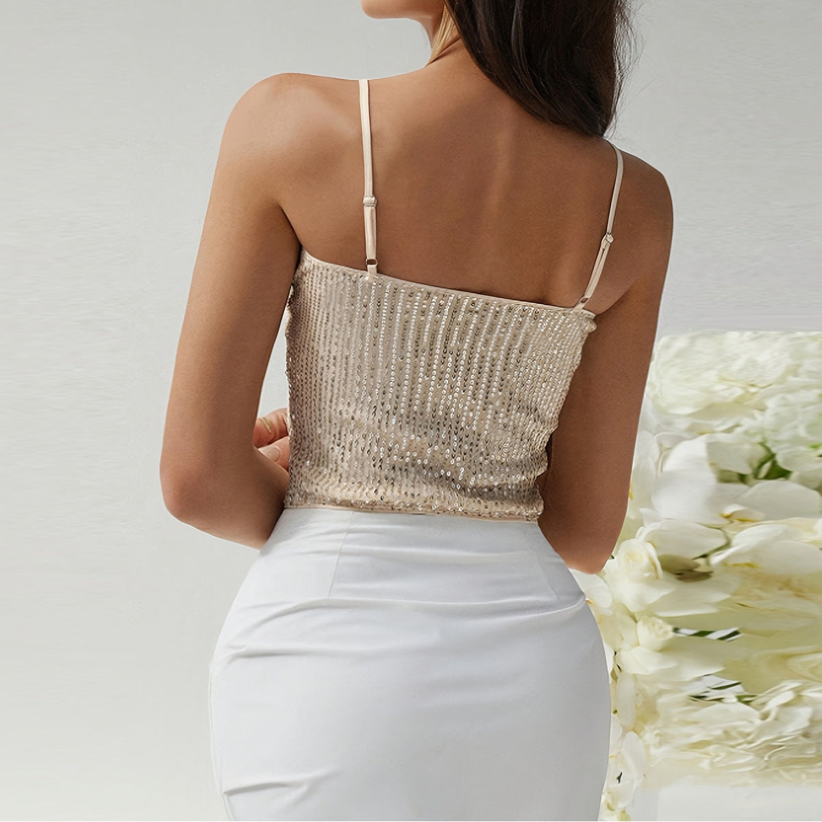 Adjustable Back Shoulder Strap Sleeveless Hollow Backless Sequin Sling