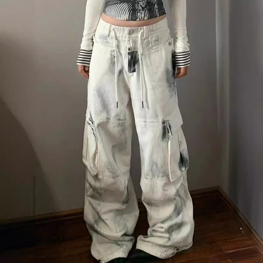 White Graffiti Distressed Cargo Jeans – Y2K Streetwear Wide-Leg Pants Plus Size Washed Brushed Multi-pocket Workwear Jeans For Women