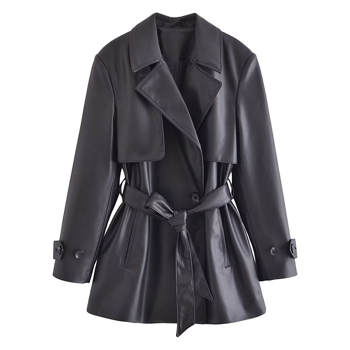 Elegant Slightly Mature Imitation Leather Short Trench Coat Women's