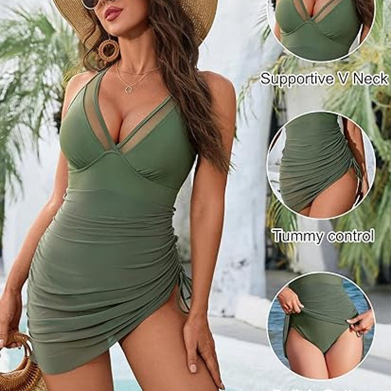 One-Piece Swim Dress, Tummy Control Swimsuit With Mesh Sheer Sarong Wrap