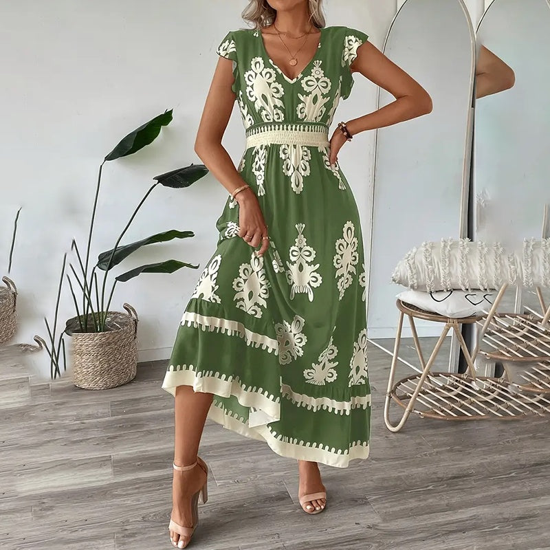Summer Flowy Maxi Dress Casual Cap Sleeve V Neck Smocked Waist Beach Sundress