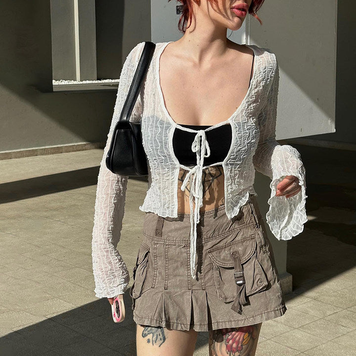 Trendy Sheer Knit Tie Front Crop Top Fashionable Retro Style Mesh Top