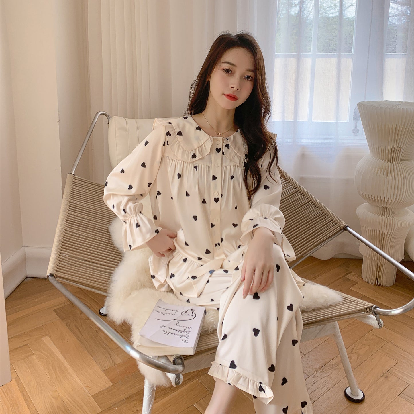 Sweet Ruffled Collar Long Sleeve Pajama Set with Mini Heart/Dot Print Style Pajamas Women's Korean Version Doll Collar Girl Long-sleeved Suit Loose Home