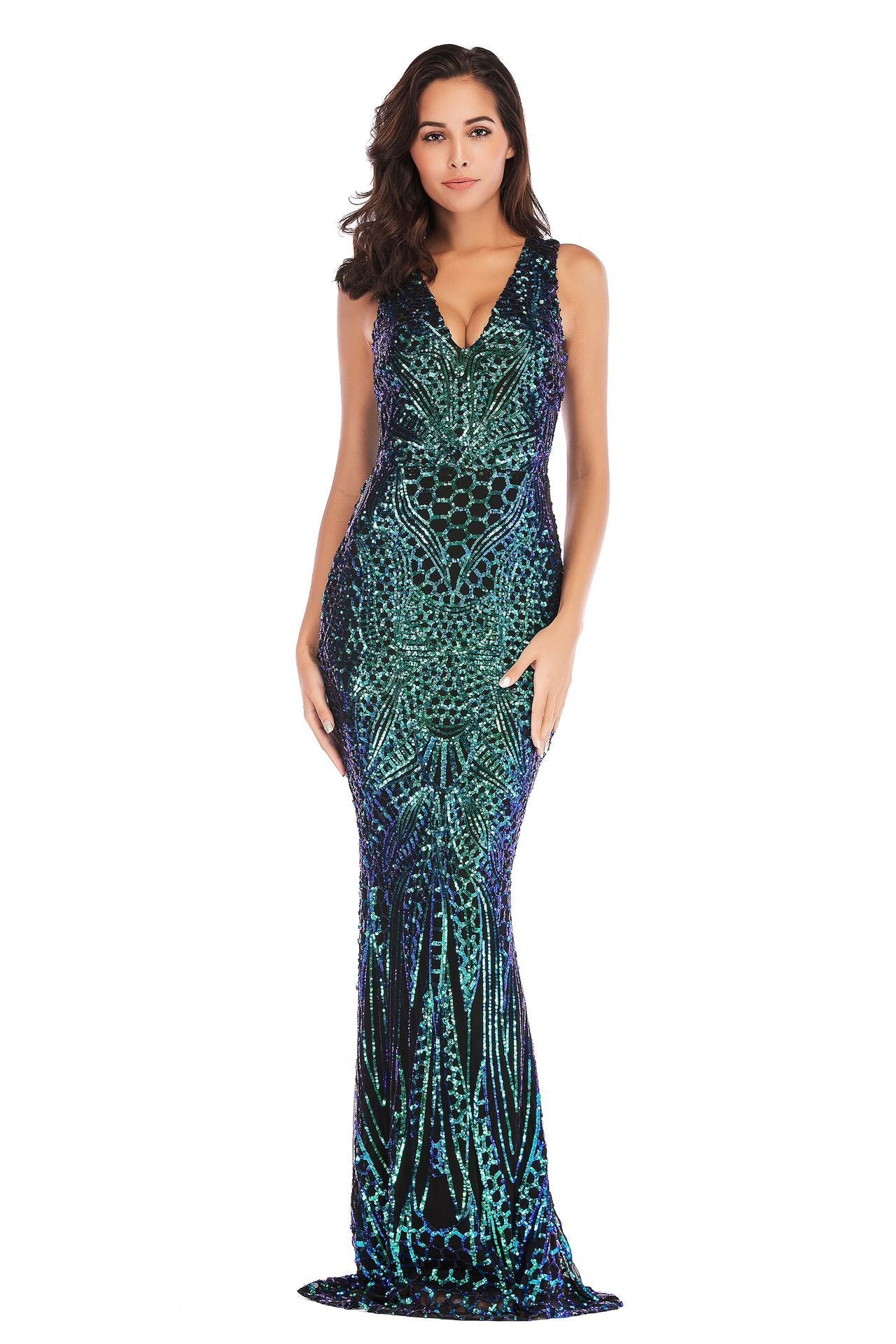 Deep V Neck Symphony Sequins Long Floor Bodycon Dress