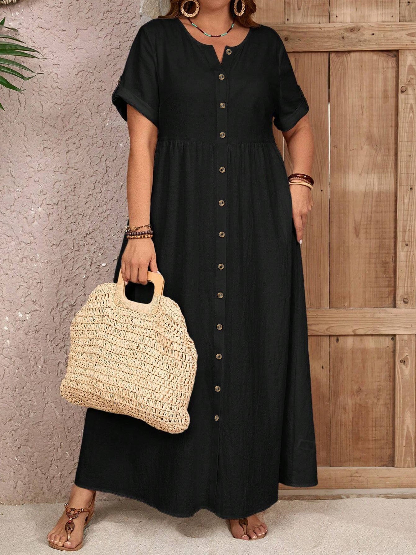 Button-Down Maxi Dress - Casual Summer Short-Sleeve Flowy Dress With Pockets