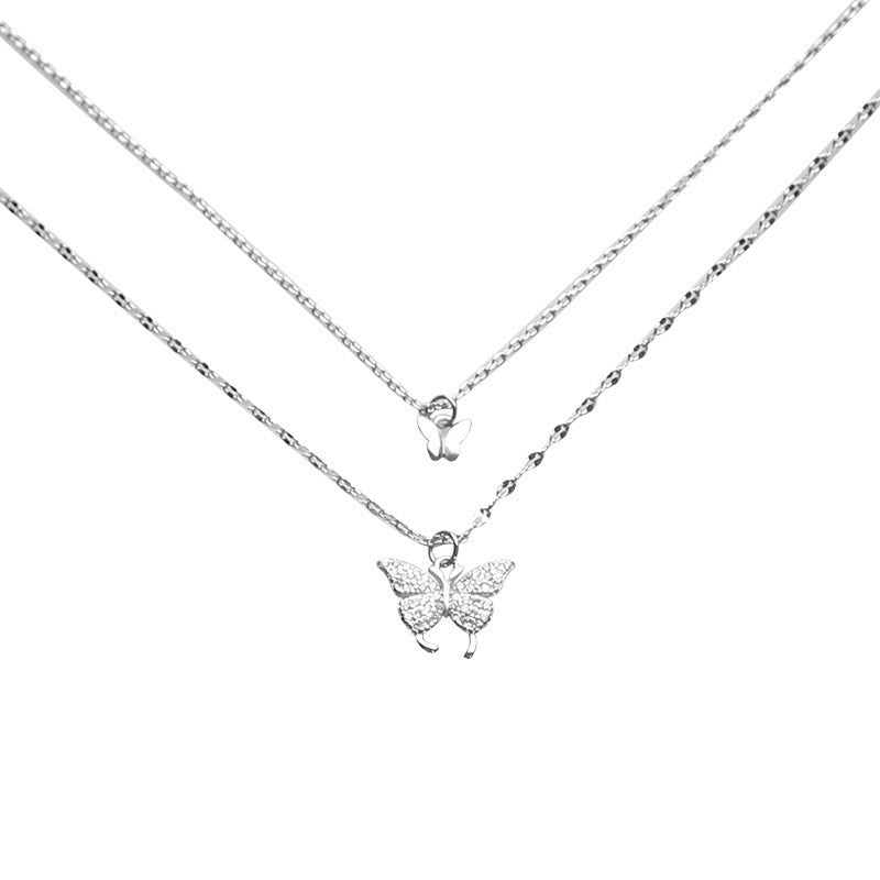 Sparkling Crystal Butterfly Double Chain Necklace Fashion Jewelry Double Butterfly Necklace Gold Plated Butterfly Pendant Engagement Necklaces For Women Animal Jewelry Anniversary Gift