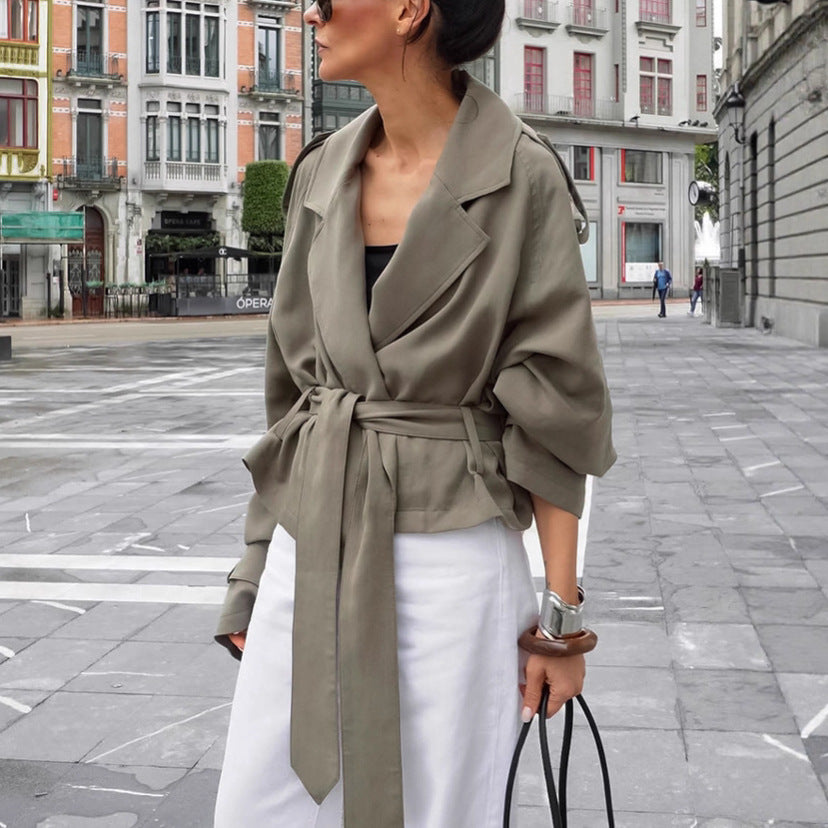 Large Lapel Lace-up Trench Coat Fashionable Jacket