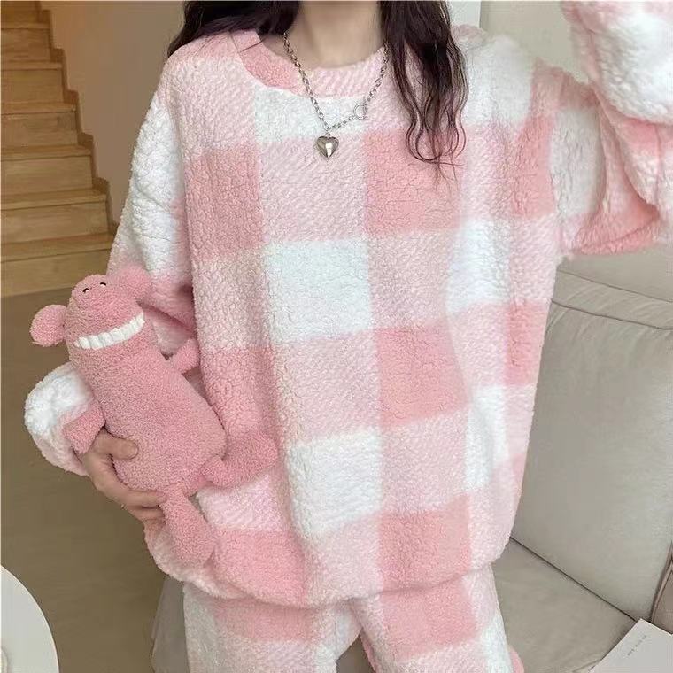 Ultra Soft & Cozy Fluffy Checkered Pajama Set Pajamas Flannel Korean Home Service Suit