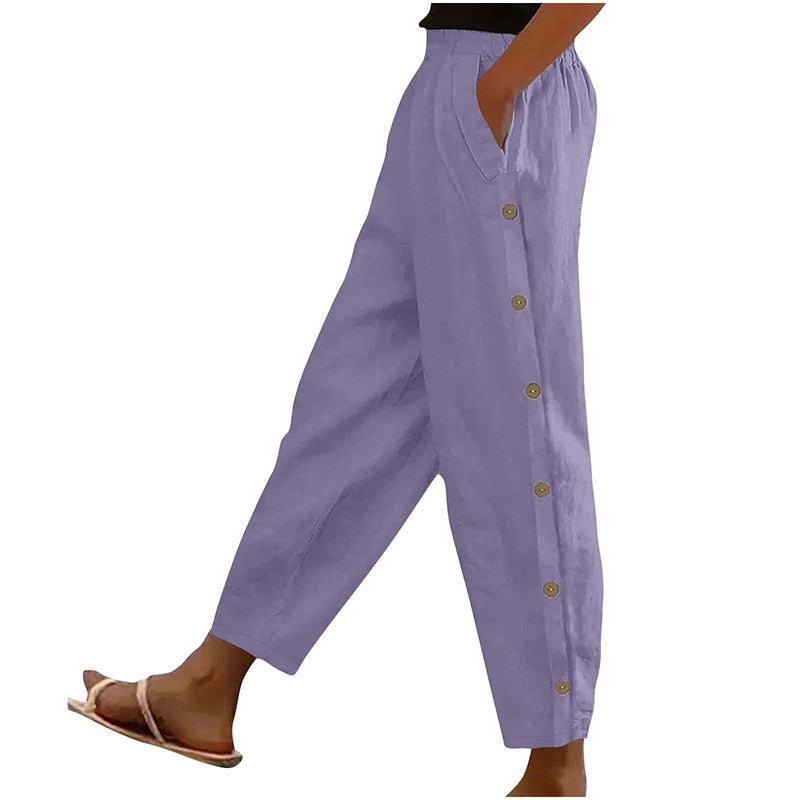 Casual Pants Elastic Waist Side Button Loose Fit Trousers With Pockets Women's