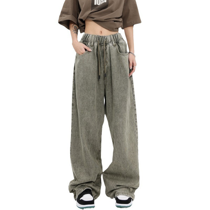 Retro Worn Looking Washed-out Drawstring Jeans For Women