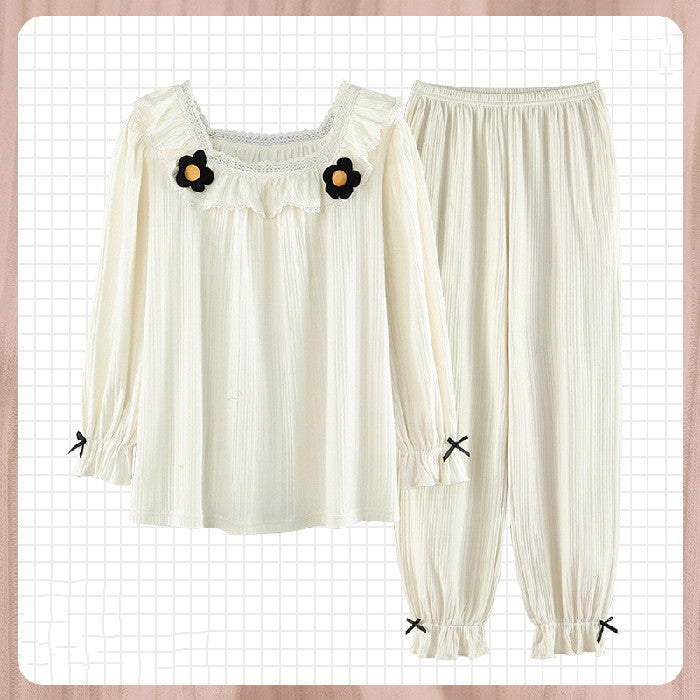 Sweet Ruffled Long Sleeve Pajama Set with Bow Detail Palace Pajamas Women Spring And Autumn Korean Style Cotton Long Sleeves