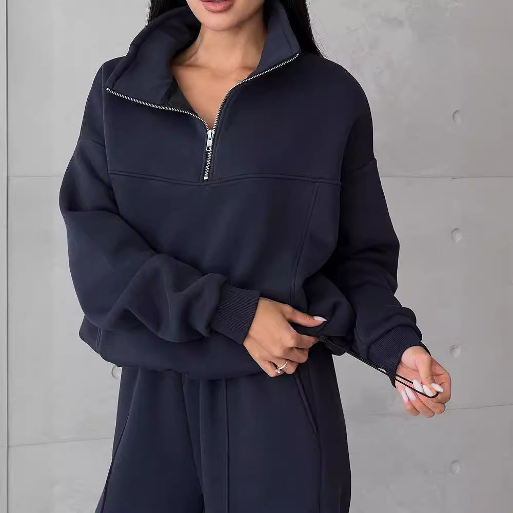 Essential Fleece Half-Zip Set – Minimal Luxe Comfort Y2K Winter Jogging Women Two Piece Set Female Zipper Coat Casual Pants Tracksuit Autumn Jacket Fashion Contrast Sport Wear Set