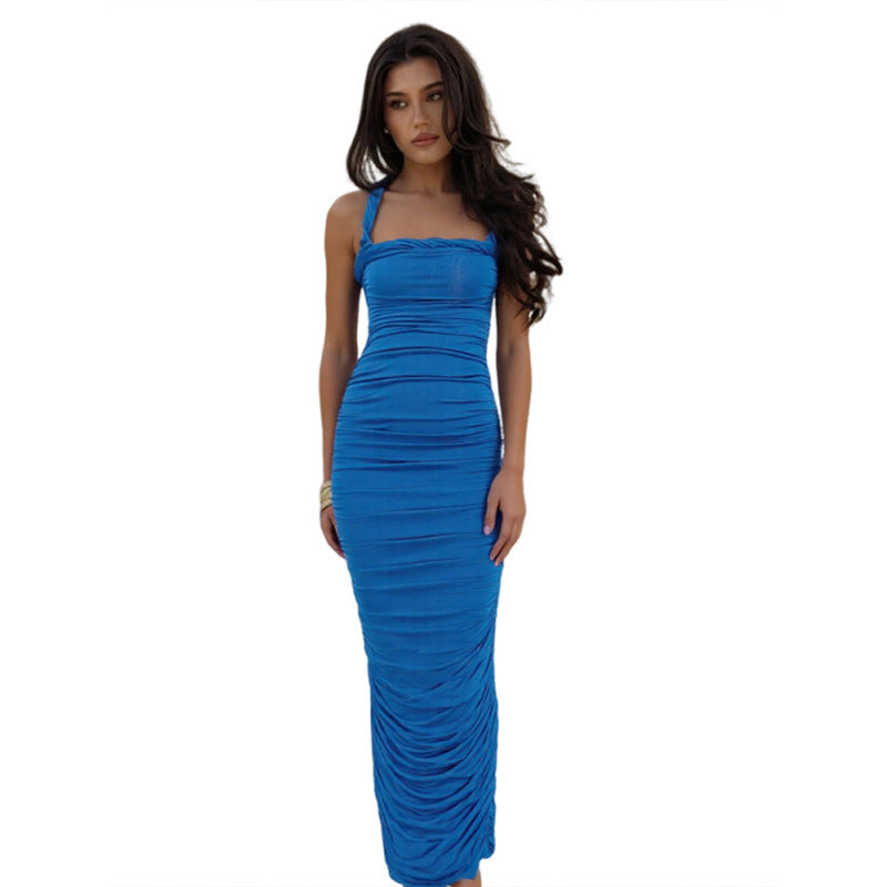 American Adult Lady Like Woman French Sexy Pleated Suspender Sleeveless Backless Sheath Dress