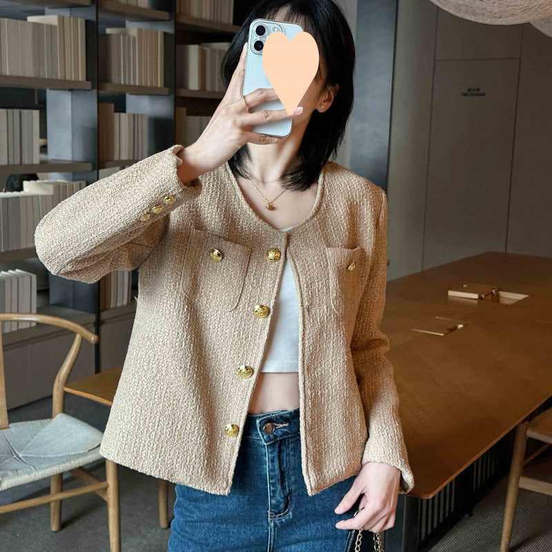 Stylish Beige Button-Up Crop Jacket Korean Style Casual Niche Anti-aging Top