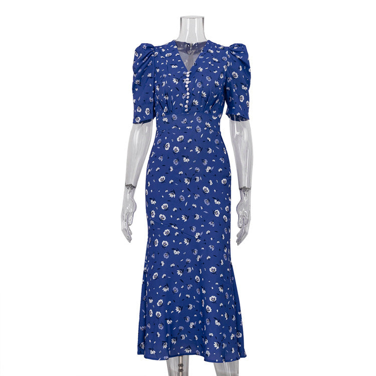 V-neck Pleated Short Sleeves High Waist Floral Dress