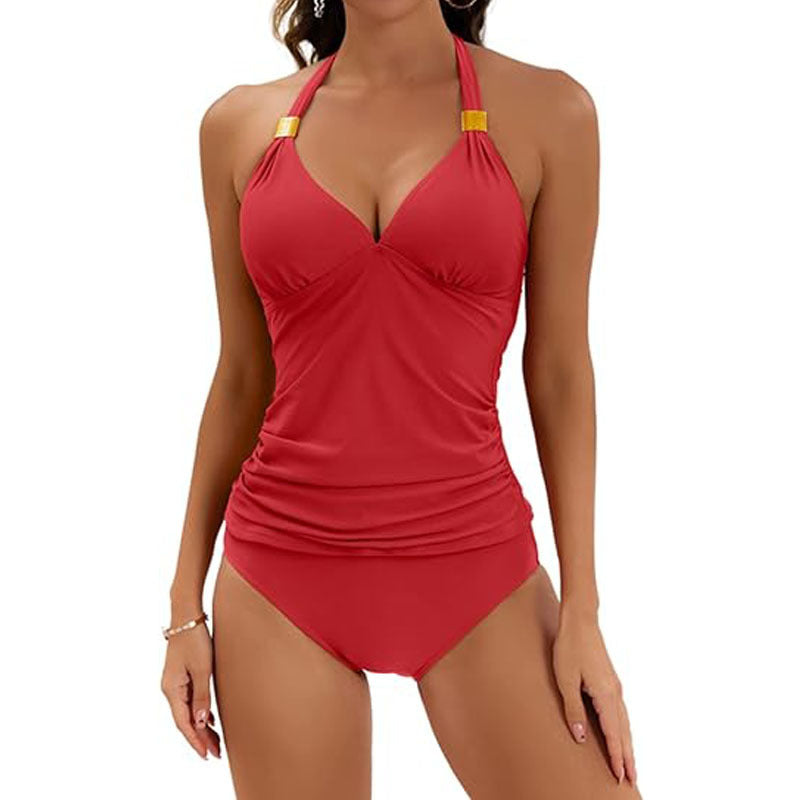 Ruched Elegance Tankini Set – Supportive V-Neck Top & High-Waist Bottoms Women's Pure Color Halter Split Tie Two Piece Swimsuit