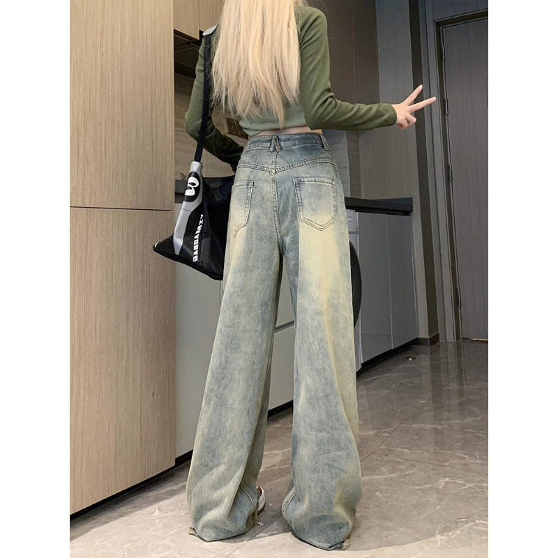 Washed Daze – Grunge-Dyed Wide Leg Denim Retro Blue Distressed Wide-leg Jeans For Women