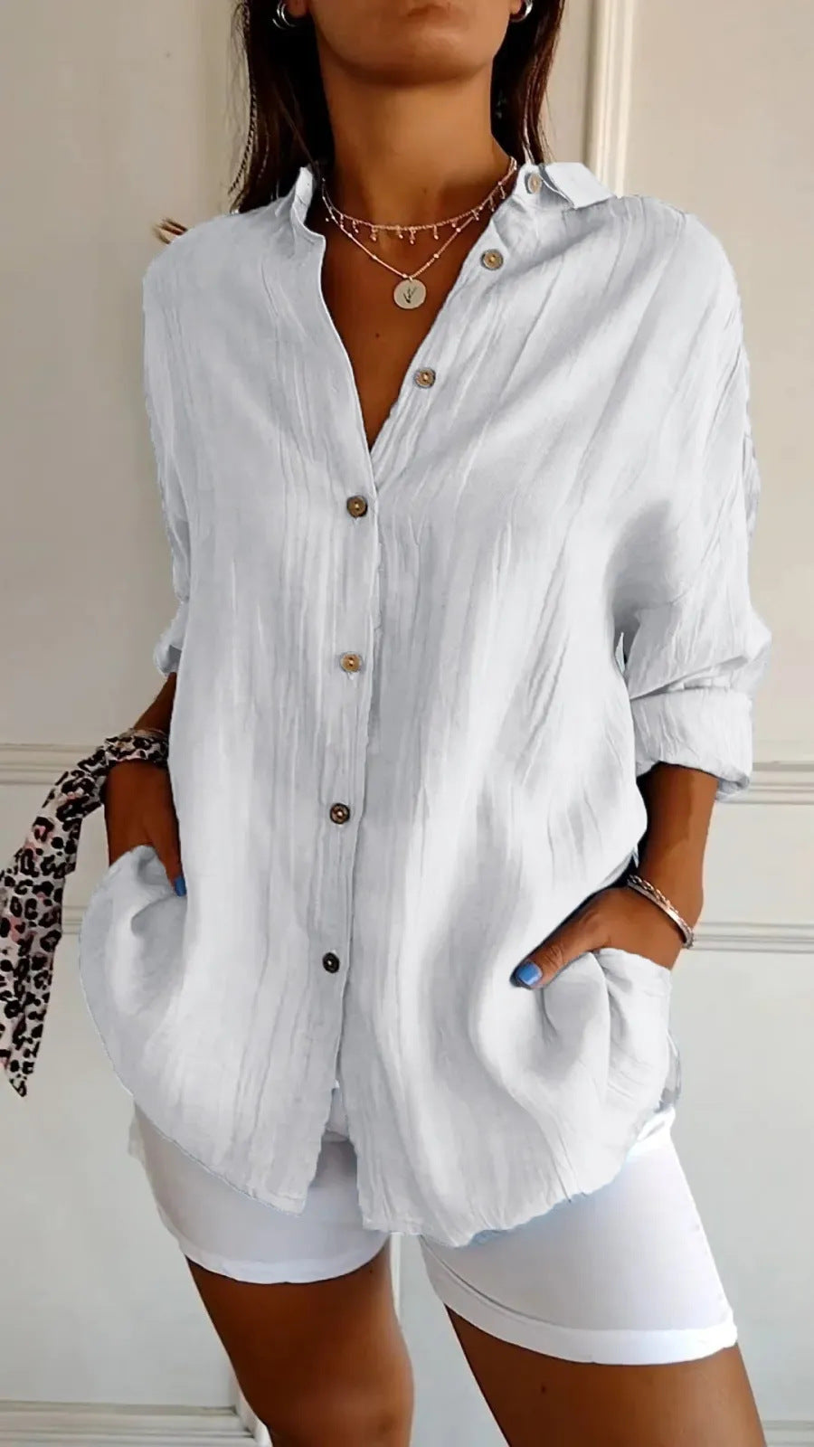 Lapel Long Sleeve Shirt Single-breasted Pleated Shirt For Women's