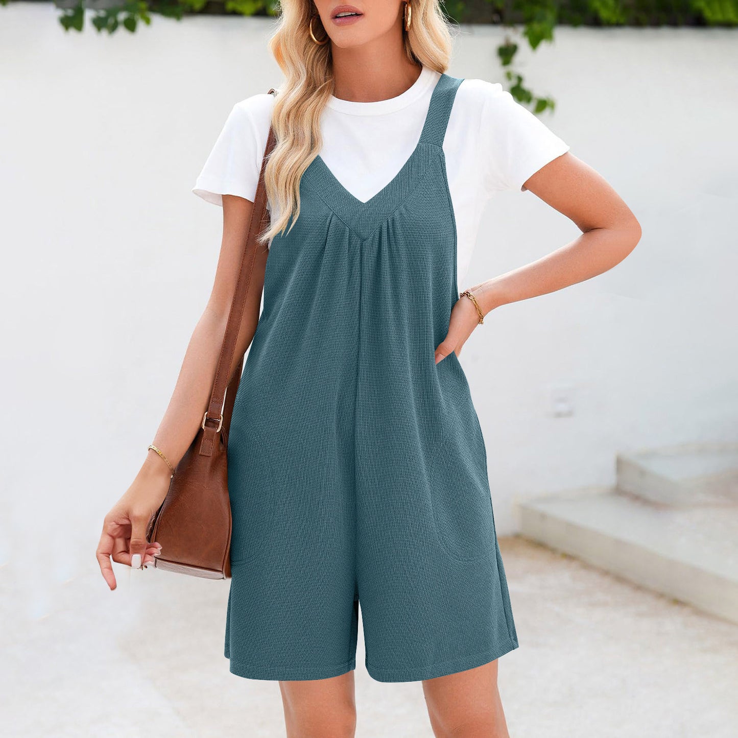 Solid Color V-neck Brace Jumpsuit For Women's