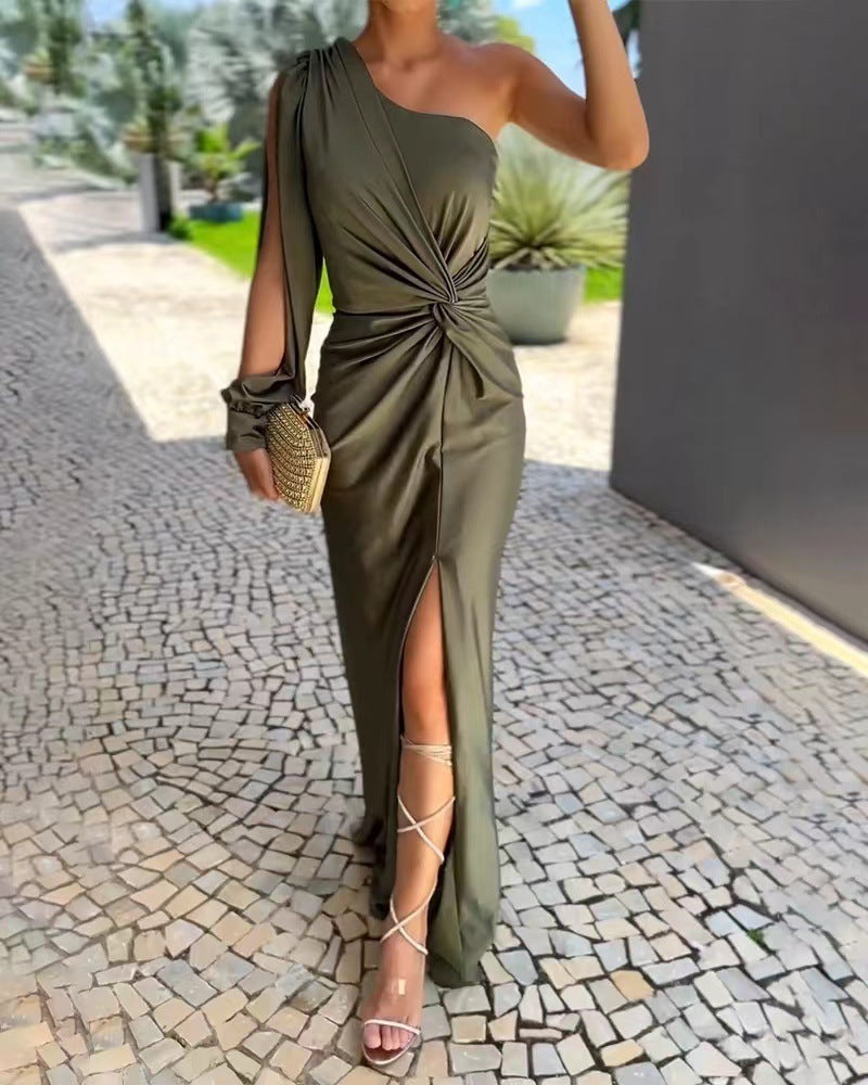 Diagonal Shoulder Knot Split Solid Color Slim Fit Dress