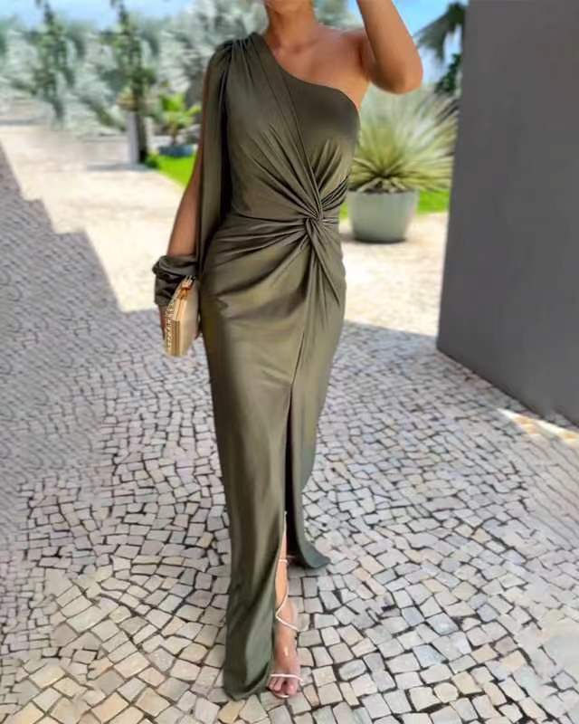 Diagonal Shoulder Knot Split Solid Color Slim Fit Dress