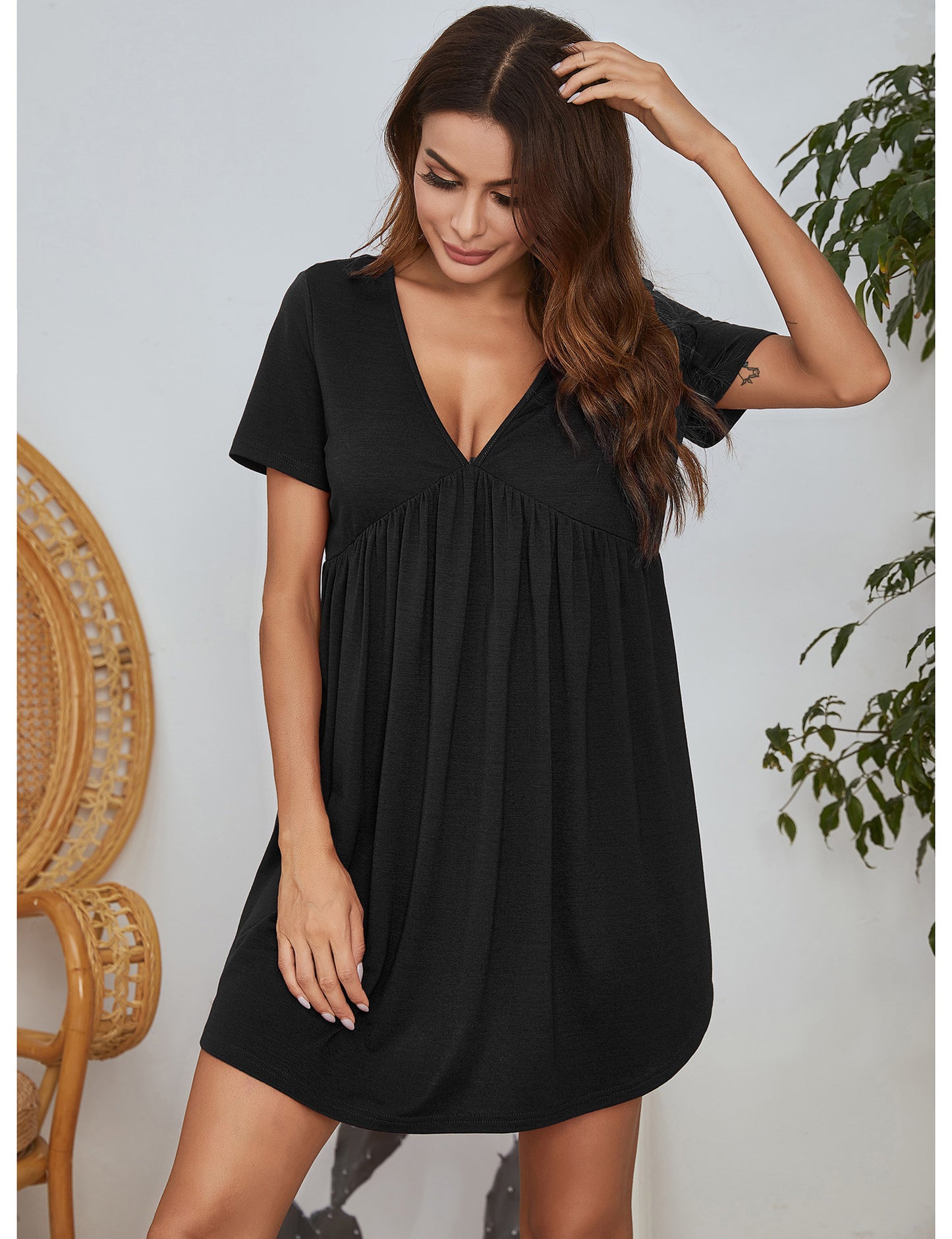 Simple Solid Color V-Neck Sleep/Lounge Dress Women's Dress Casual Home Sleep Short Sleeve