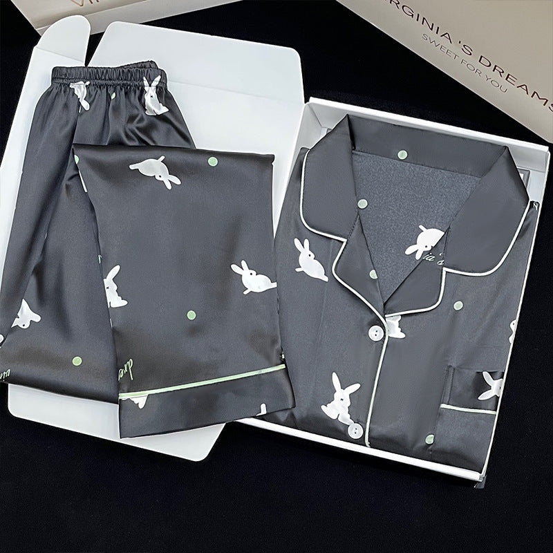 Luxurious Satin / Silk-Look Patterned Pajama Set Women's Korean-style Ins Cute Lapel Long-sleeved Pajamas