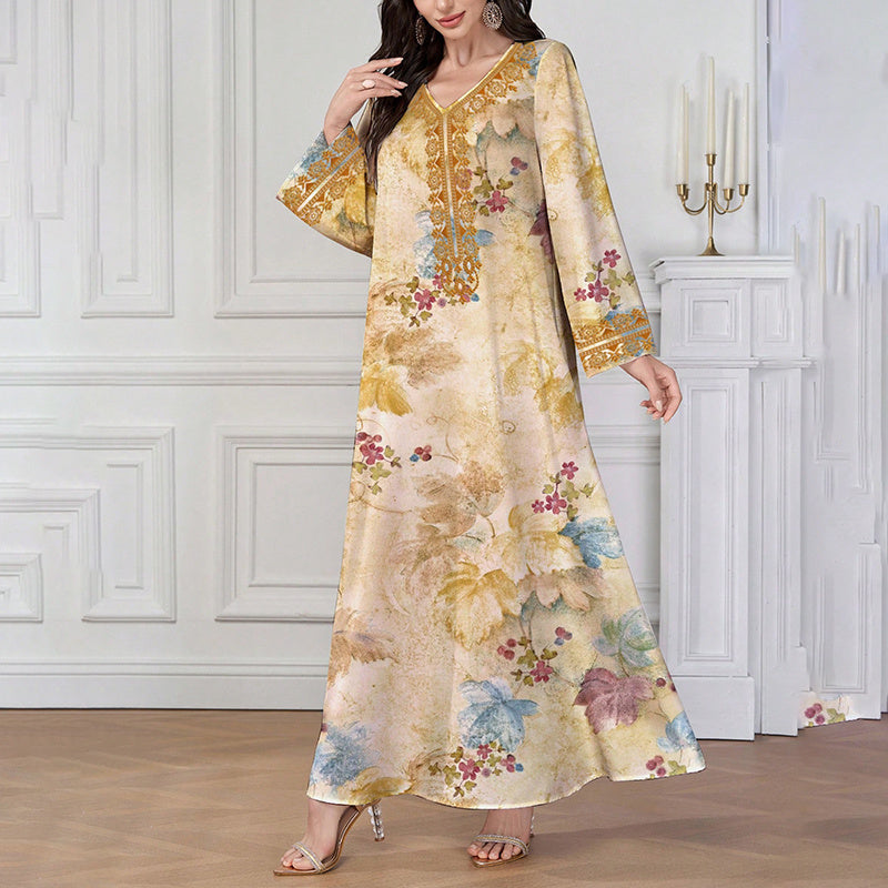 Chic Bohemian Floral V-Neck Maxi Dress, Elegant Golden Long Sleeve Loose Fit Casual Dress
