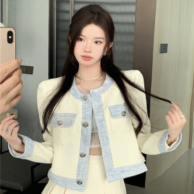 Chic Cream & Denim - Elegant Blazer Single Breasted Contrasting Korean Top
