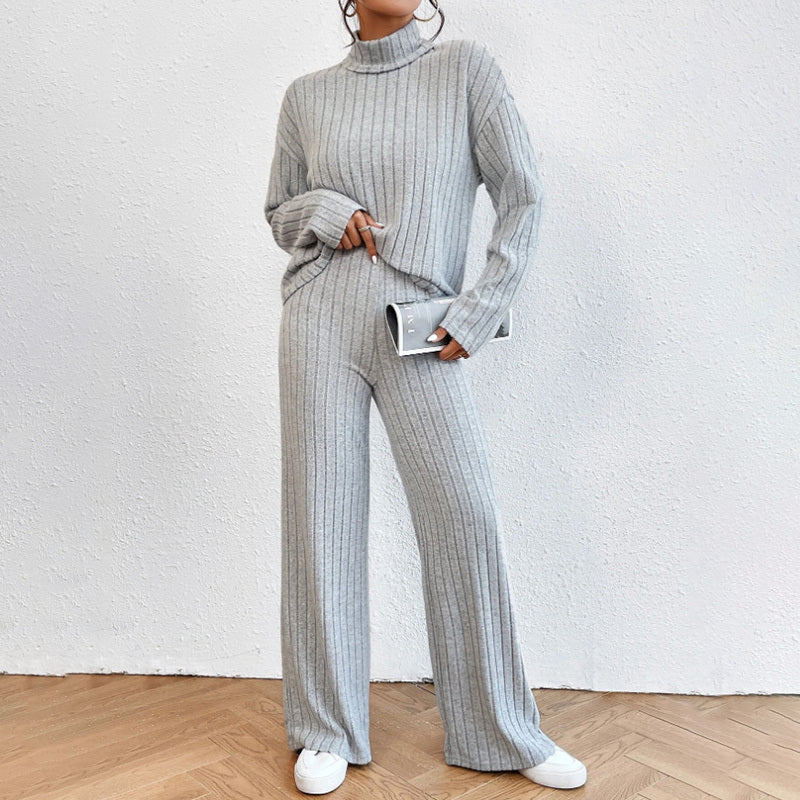 Solid Color 2-Piece Set High Neck Long Sleeve Top & Pants, Striped Loungewear
