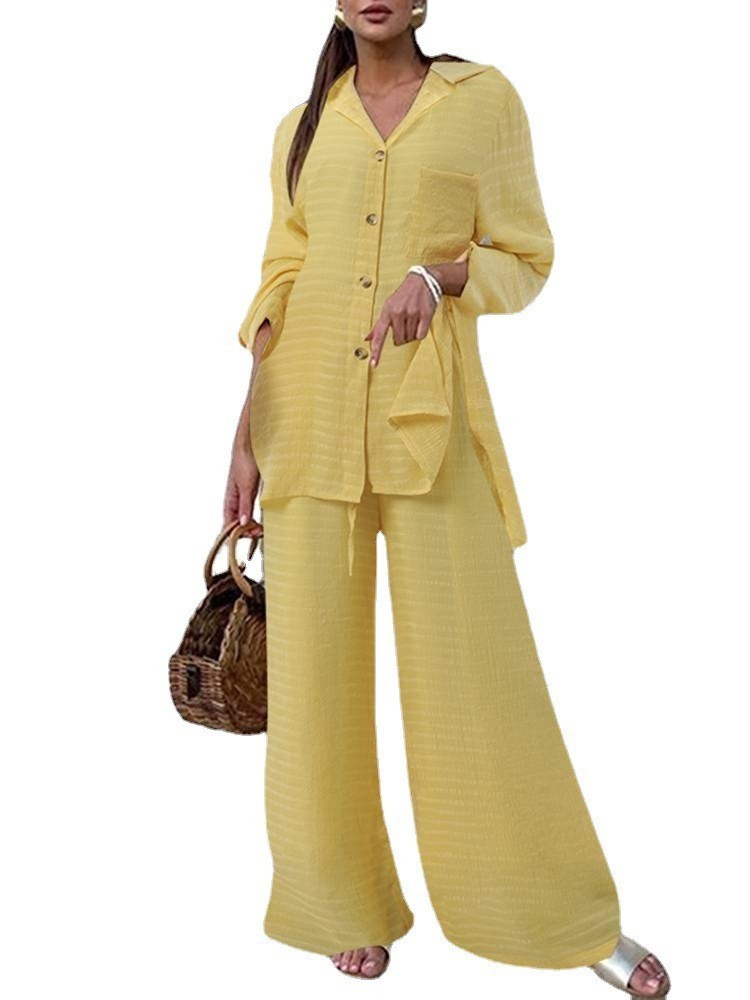 Chic Two-Piece Long Sleeve Shirt & Wide Leg Pants Set Fashion Pocket Set Women 2 Pieces Casual