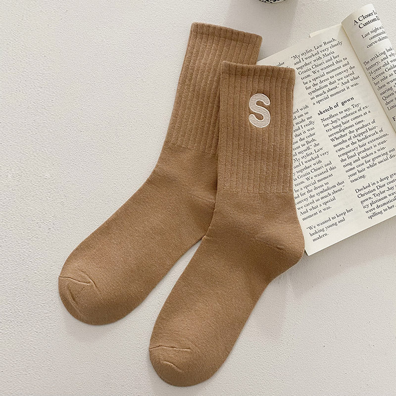 Embroidered S-letter Cotton Sweat-absorbent Autumn And Winter Socks Women's